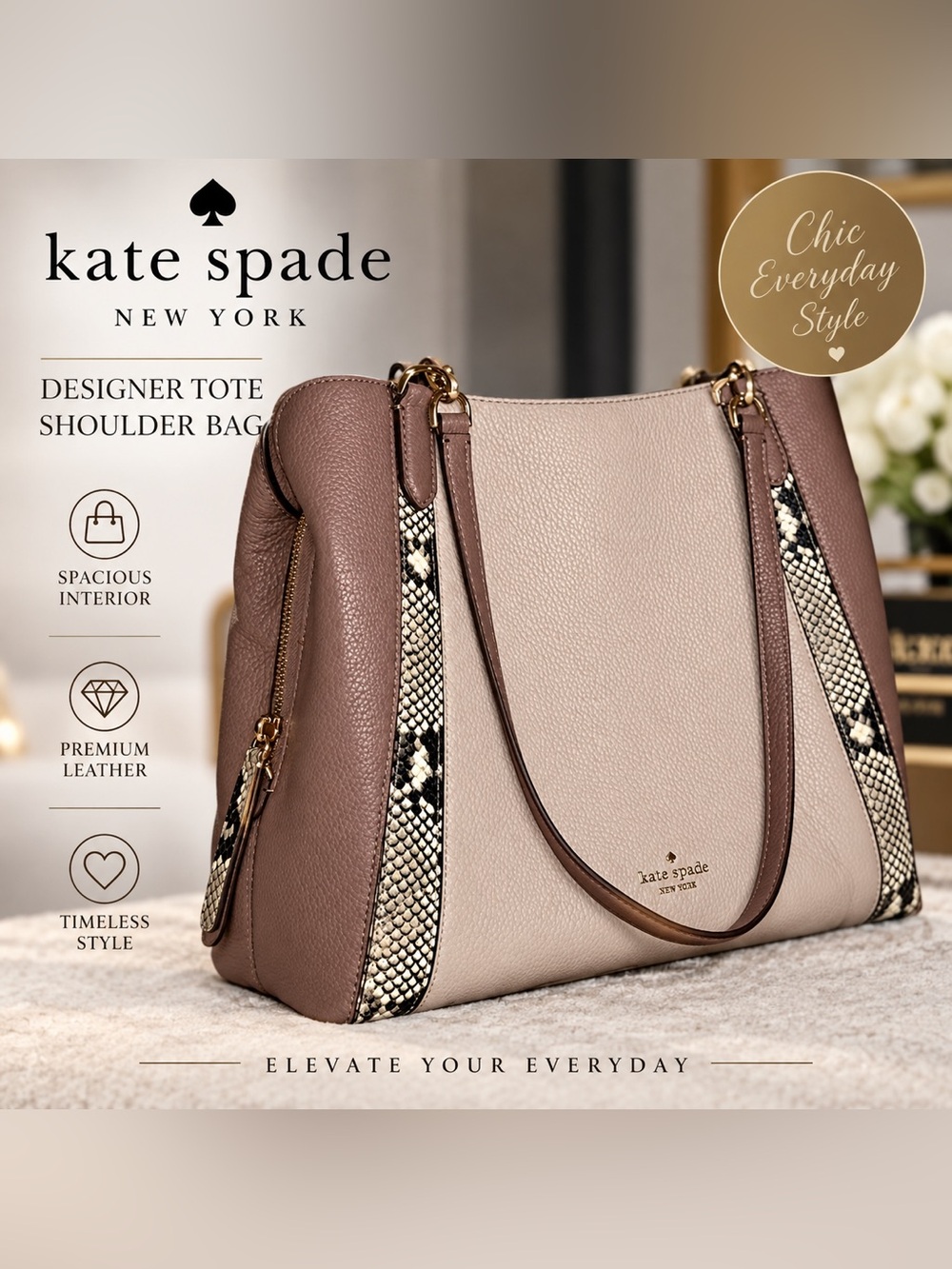 Kate Spade Taupe and Snake Print Shoulder Bag